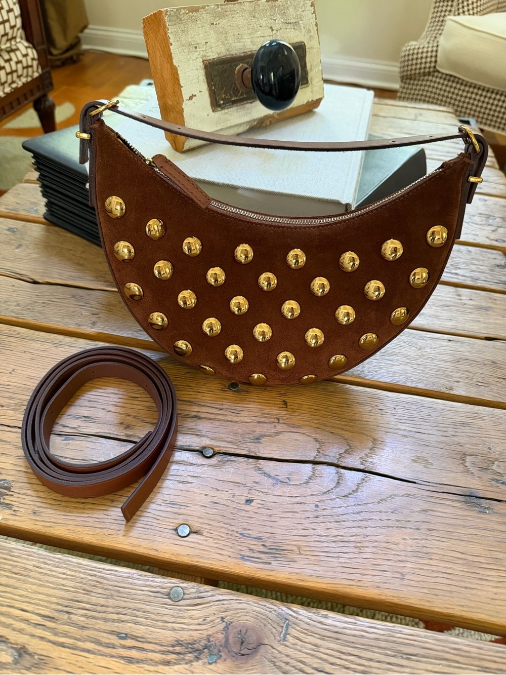 Madewell Brown Suede Small Zip Bag with Gold Studs